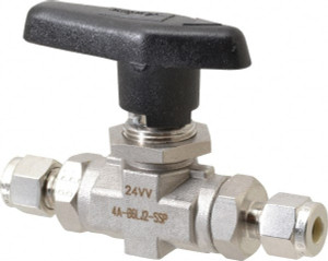 Parker Hannifin 1/4" Pipe, Stainless Steel, Inline, Two Way Flow, Instrumentation Ball Valve 6,000 psi WOG Rating, Wedge Handle, PTFE Seal, PTFE Seat 4A-B6LJ2-SSP - 86857364