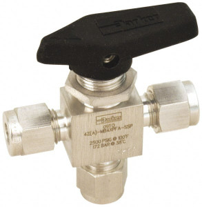 Parker Hannifin 1/8" Pipe, Stainless Steel, Three Way, Instrumentation Ball Valve 2,500 psi WOG Rating, Wedge Handle, PFA Seat 2A-MB2XPFA-SSP - 86929569