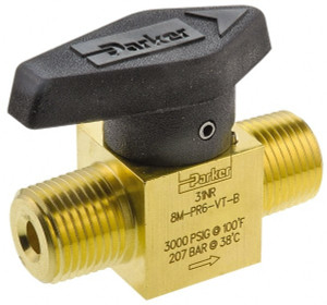 Parker Hannifin 1/2" Pipe, 3,000 psi WOG Rating, Brass, Inline, One Way Instrumentation Plug Valve Wedge Handle, MNPT x MNPT End Connections, Viton Seal 8M-PR6-VT-B - 86857166