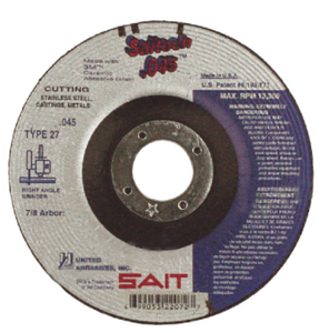 United Abrasives Depressed Center Grinding Wheel, 4-1/2" Dia., 7/8" Hole, Type 27 Grit-Saitech