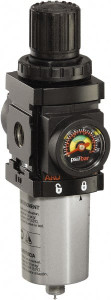 ARO Fluid Management 1/4 NPT Miniature 1 Pc Filter/Regulator FRL Unit with Pressure Gauge 47 SCFM, 250 Max psi, Metal Bowl, Manual Drain P39124-620 - 55395073