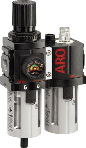 ARO Fluid Management 3/8 NPT Compact 2 Pc Filter/Regulator-Lubricator FRL Unit with Pressure Gauge 71 SCFM, 150 Max psi, Polycarbonate Bowl, Manual Drain C38231-600 - 61684254