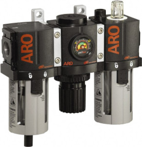 ARO Fluid Management 3/8 NPT Compact 3 Pc Filter-Regulator-Lubricator FRL Unit with Pressure Gauge 85 SCFM, 150 Max psi, Polycarbonate Bowl, Manual Drain C38231-800 - 61684031