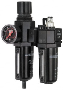 ARO Fluid Management 1/2 NPT Standard 2 Pc Filter/Regulator-Lubricator FRL Unit with Sight Glass & Pressure Gauge 120 SCFM, 250 Max psi, Metal Bowl, Manual Drain C38341-610 - 85102671