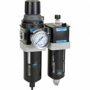 Wilkerson 3/8 NPT Standard 2 Pc Filter/Regulator-Lubricator FRL Unit with Pressure Gauge 110 SCFM, 150 Max psi, Polycarbonate Bowl, Manual Drain Drain D28-03-FKG0B - 11760048