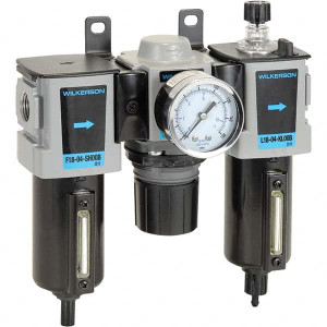 Wilkerson 3/8 NPT Compact 3 Pc Filter-Regulator-Lubricator FRL Unit with Sight Glass & Pressure Gauge 68 SCFM, 250 Max psi, Aluminum Bowl, Manual Drain Drain C18-03-FLG0B - 11760196