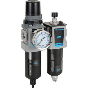 Wilkerson 1/4 NPT Compact 2 Pc Filter/Regulator-Lubricator FRL Unit with Pressure Gauge 45 SCFM, 150 Max psi, Polycarbonate Bowl, Manual Drain Drain D18-02-FKG0B - 11760345