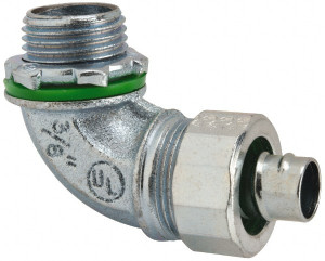 Crouse-Hinds 3/8" Trade Liquidtight Conduit Connector Malleable Iron, Noninsulated, Angled Connector, Threaded Connection LTK3890 - 04913448