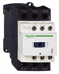 Schneider Electric 3 Pole, 24 Coil VDC, 25 Amp at 440 VAC and 40 Amp at 440 VAC, Nonreversible IEC Contactor 1 Phase hp: 2 at 115VAC, 3 at 230/240 VAC, 3 Phase hp: 15 at 460/480 VAC, 20 at 575/600 VAC, 5 at 200/208 VAC LC1D25BD - 82201492