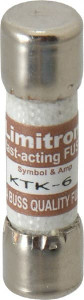 Bussmann 600 VAC, 6 Amp, Fast-Acting General Purpose Fuse Fuse Holder Mount, 1-1/2" OAL, 100 at AC kA Rating, 13/32" Diam KTK-6 - 74974106