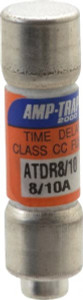 Ferraz Shawmut 300 VDC, 600 VAC, 0.8 Amp, Time Delay General Purpose Fuse Clip Mount, 1-1/2" OAL, 100 at DC, 200 at AC kA Rating, 13/32" Diam ATDR8/10 - 54003405