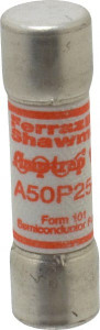 Ferraz Shawmut 450 VDC, 500 VAC, 25 Amp, Fast-Acting Semiconductor/High Speed Fuse Clip Mount, 50.8mm OAL, 100 at AC, 79 at DC kA Rating, 9/16" Diam A50P25-1 - 54018601
