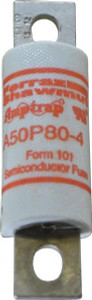 Ferraz Shawmut 450 VDC, 500 VAC, 80 Amp, Fast-Acting Semiconductor/High Speed Fuse Bolt-on Mount, 3-5/8" OAL, 100 at AC, 79 at DC kA Rating, 1" Diam A50P80-4 - 54018676