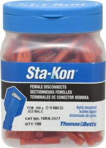 Thomas & Betts 22 to 18 AWG Fully Insulated Female Wire Disconnect 1/4" Tab, Red, CSA Certified, RoHS Compliant, UL 94 V-2, UL File E66716, UL Listed 18RA-2577C - 54062963