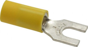 Thomas & Betts #8 Stud, 12 to 10 AWG Compatible, Partially Insulated, Crimp Connection, Standard Fork Terminal 0.38" Fork Width, Vinyl Insulation, Yellow, 1.09" OAL, 600 Volts, Copper Contacts 10RC-8F - 54064035