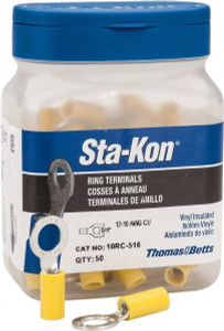 Thomas & Betts 12-10 AWG Partially Insulated Crimp Connection D Shaped Ring Terminal 5/16" Stud, 1.17" OAL x 1/2" Wide, Tin Plated Copper Contact 10RC-516 - 54063938