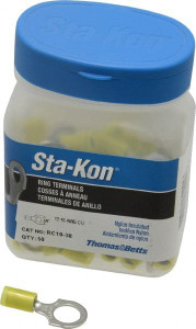 Thomas & Betts 12-10 AWG Partially Insulated Crimp Connection D Shaped Ring Terminal 3/8" Stud, 1.27" OAL x 0.59" Wide, Tin Plated Copper Contact RC10-38 - 54063474