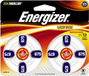 Energizer Pack of (8), Size 675, Zinc Air, Hearing Aid Batteries 1.4 Volts, Button Tab Terminal, PR44 AZ675DP-8 - 69443141