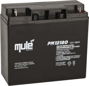 Mule Lead-Acid, Nut/Bolt Terminal, 12 Volt, 18 Amp, Lead Rechargeable Battery 1/4" Hole Diam, 2.56" Wide x 6.57" High x 7.13" Deep PM12180 - 02333854