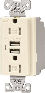 Cooper Wiring Devices 2 USB Port, 2 Receptacle, 125 VAC, 5 VDC USB Receptacle 5-15R NEMA Configuration, 15 Amp, Light Almond, 2.1 Amp Charging Power, Automatic Grounding, Screw Mount TR7745LA-BOX - 55428122