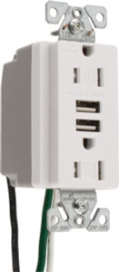 Cooper Wiring Devices 2 USB Port, 2 Receptacle, 125 VAC, 5 VDC USB Receptacle 5-15R NEMA Configuration, 15 Amp, White, 2.1 Amp Charging Power, Automatic Grounding, Screw Mount TR7755W-BOX - 55428106