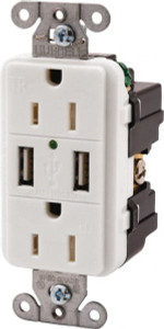 Hubbell Wiring Device-Kellems 2 USB Port, 2 Receptacle, 125 VAC, 5 VDC USB Receptacle 5-15R NEMA Configuration, 15 Amp, White, 3.8 Amp Charging Power, Screw Mount USB15X2W - 55531461