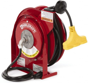 Reelcraft 12 AWG, 45 ft. Cable Length, Cord & Cable Reel with Triple-Tap Outlet End 3 Outlets, NEMA 5-15R, 15 Amps, 125 Volts, SJEOOW Cable, Red Reel, Spring Driven Reel L 4545 123 9 - 42099143