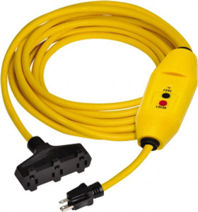 Tower Manufacturing 3 Outlets, 125 Volt, 15 Amp, Yellow, GFCI and Triple Tap Cord Set 5-15P, 5-15R NEMA Configuration, 25 Ft. Long, cUL Listed, OSHA, UL File E174279 30438302-01 - 36029189