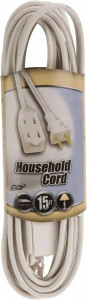 Southwire 15 ft., 16/2 Gauge/Conductors, White Indoor Extension Cord 1 Receptacle, 13 Amps, 125 VAC, UL SPT-2, NEMA 1-15P, 1-15R x 3 94148901 - 54092531