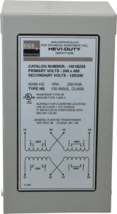 Sola/Hevi-Duty 1 Phase, 240-480 Volt Input, 120/240 Volt Output, 60 Hz, 1/4 kVA, General Purpose Transformer 4, 12, 3R, 4X NEMA Rating, 176°F Temp Rise, 4 Inch Wide x 4 Inch Deep x 8 Inch High, Indoor, Outdoor, Wall Mount HS1B250 - 54073044