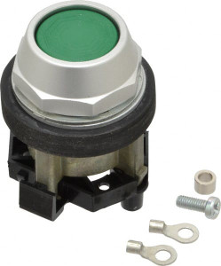 Eaton Cutler-Hammer 30-1/2mm Mount Hole, Flush, Pushbutton Switch Only Round, Green Pushbutton, Nonilluminated, Momentary (MO), Corrosion Resistant, Oiltight and Watertight HT8AAG - 74769100