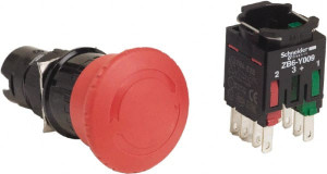 Schneider Electric 16mm Mount Hole, Extended Mushroom Head, Pushbutton Switch with Contact Block Round, Red Pushbutton, Maintained (MA), Momentary (MO) XB6AS8345B - 69671659