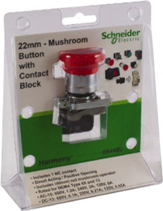 Schneider Electric 22mm Mount Hole, Extended Mushroom Head, Pushbutton Switch with Contact Block Round, Red Pushbutton, Nonilluminated XB4AB2 - 69677052