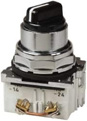 Eaton Cutler-Hammer 30-1/2mm Mount Hole, 3 Position, Knob Operated, Selector Switch with Contact Blocks Black, Maintained (MA), Nonilluminated, 1 Contact Block, 2NO, Oil and Watertight 10250T21KB - 07826456