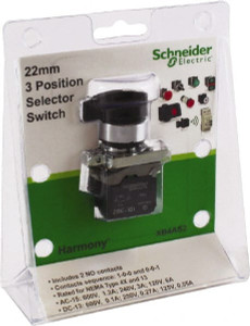 Schneider Electric 22mm Mount Hole, 3 Position, Lever Operated, Selector Switch with Contact Blocks Black, Maintained (MA), Nonilluminated, 1 Contact Block, 2NO XB4AS2 - 69677029