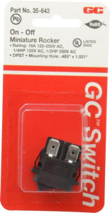 GC/Waldom Electronics DPST, Maintained (MA), On-None-Off Sequence, Miniature Rocker Switch 16 Amps at 125 Volts, 16 Amps at 250 Volts, 3/4 hp, Quick Connect, Panel Mount 35-643 - 07510951