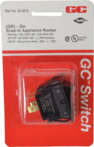 GC/Waldom Electronics DPST, Momentary (MO), Off-On Sequence, Appliance Rocker Switch 15 Amps at 125 Volts, 10 Amps at 250 Volts, 3/4 hp at 125/250 VAC, Quick Connect, Panel Mount 35-3670 - 07511330