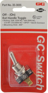 GC/Waldom Electronics SPST Heavy Duty Off-On Toggle Switch Quick Connect Terminal , Bat Handle Actuator, 3/4 hp at 125/250 VAC hp, 125/150 VAC 35-3055 - 06489298