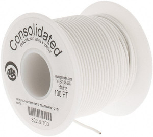 Made in USA 18 AWG, 16 Strand, 100 ft. OAL, Tinned Copper Hook Up Wire White PVC Jacket, 0.08" Diam 822-9-100 - 78263605