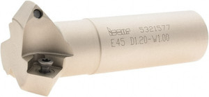 Iscar 45° Lead Angle, 1.2" to 1.815" Cut Diam, 1" Shank Diam, Indexable & Chamfer End Mill Takes 3 Inserts, SCMT-19, SCMW, SDMT-AD-N, TPMT Insert Style, E45 Toolholder, 3-3/4" OAL, 0.31" Max Depth of Cut 3110005 - 60840220