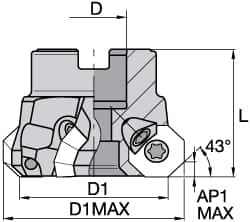 Kennametal 6" Cut Diam, 2" Arbor Hole, 5mm Max Depth of Cut, 43° Indexable Chamfer & Angle Face Mill Takes 12 Inserts, OF.T64 Insert, Right Hand Cut, 12 Flutes, Through Coolant, Series KSOM 2252798 - 01230598