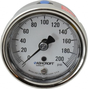 Ashcroft 2-1/2" Dial, 1/4 Thread, 0-200 Scale Range, Pressure Gauge Lower Back Connection Mount, Accurate to 1% of Scale 94891 - 56481757