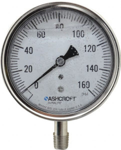 Ashcroft 3-1/2" Dial, 1/4 Thread, 0-160 Scale Range, Pressure Gauge Lower Connection Mount, Accurate to 1% of Scale 94487 - 56481112
