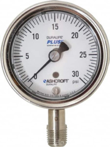 Ashcroft 2-1/2" Dial, 1/4 Thread, 0-30 Scale Range, Pressure Gauge Lower Connection Mount, Accurate to 1% of Scale 94326XLL - 75011353