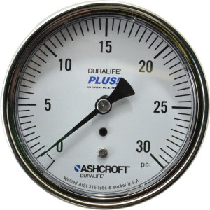 Ashcroft 3-1/2" Dial, 1/4 Thread, 0-30 Scale Range, Pressure Gauge Center Back Connection Mount, Accurate to 1% of Scale 94919XLL - 75011916