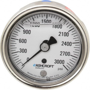 Ashcroft 2-1/2" Dial, 1/4 Thread, 0-3,000 Scale Range, Pressure Gauge Center Back Connection Mount, Accurate to 1% of Scale 83249 - 56480981