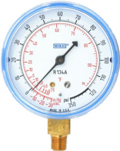 WIKA 2-1/2" Dial, 1/8 Thread, 30-0-120 Scale Range, Pressure Gauge Lower Connection Mount, Accurate to 1-2-5% of Scale 4258526 - 06633440