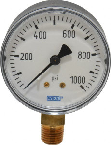 WIKA 2-1/2" Dial, 1/4 Thread, 0-1,000 Scale Range, Pressure Gauge Lower Connection Mount, Accurate to 3-2-3% of Scale 4253205 - 63146419