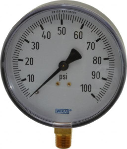 WIKA 4" Dial, 1/4 Thread, 0-100 Scale Range, Pressure Gauge Lower Connection Mount, Accurate to 3-2-3% of Scale 4256000 - 84371277
