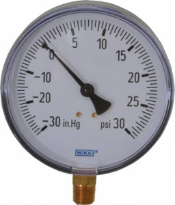 WIKA 4" Dial, 1/4 Thread, 30-0-30 Scale Range, Pressure Gauge Lower Connection Mount, Accurate to 3-2-3% of Scale 4255926 - 63146526